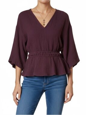 Joe's Jeans Gauze Peplum Blouse Burgundy 3/4 Sleeve XS NWT